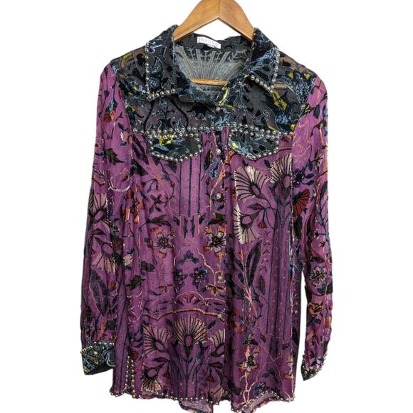 Adore Sheer Velvet Floral Burnout Top XL Button Studded Long Sleeve - Picture 1 of 12